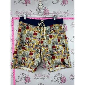 Brixton shorts Multicolor Geometric Patchwork Swim Shorts with Navy Waistband